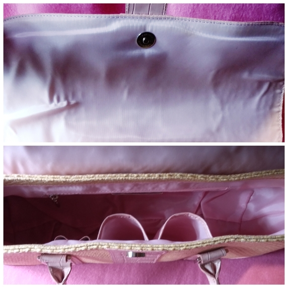 NWOT- Taupe/Pink Leather Straw Handbag - Picture 5 of 6